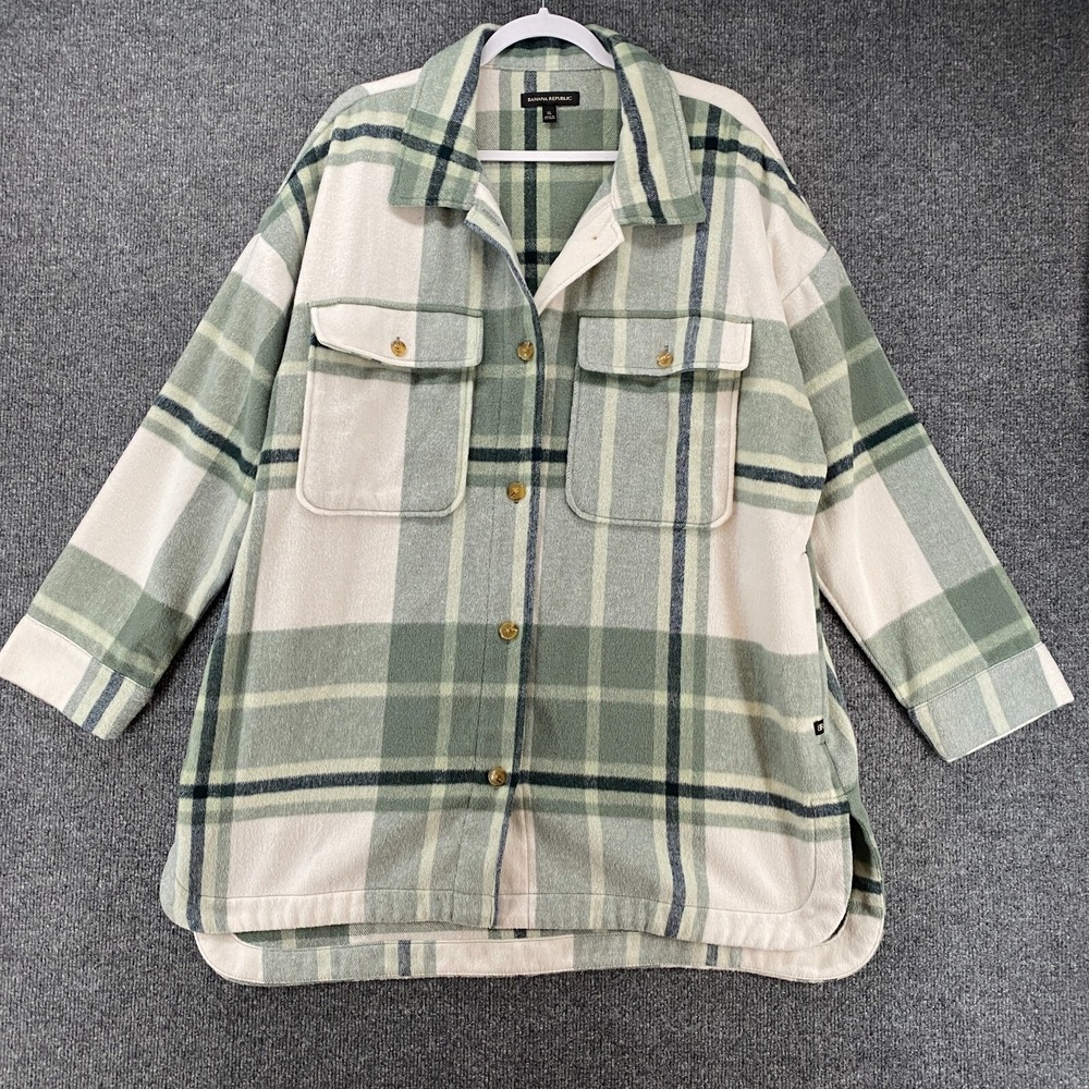 Banana Republic Jacket Womens XL Wool Green Plaid Button Up Flannel Grunge Ranch